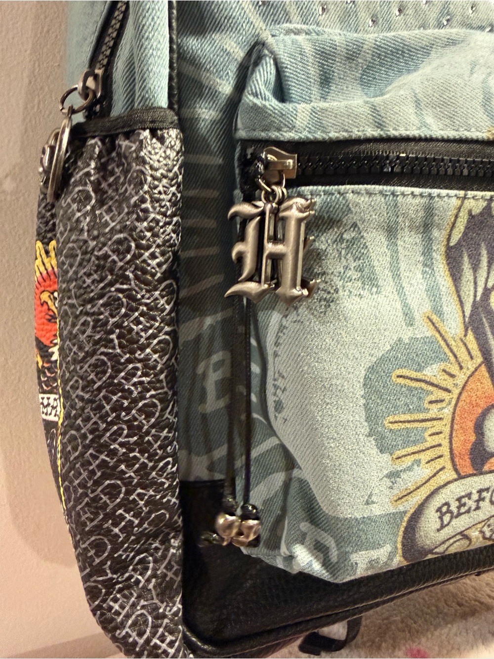 Ed Hardy Backpack Denim Death Before Dishonor NWT - Picture 3 of 12